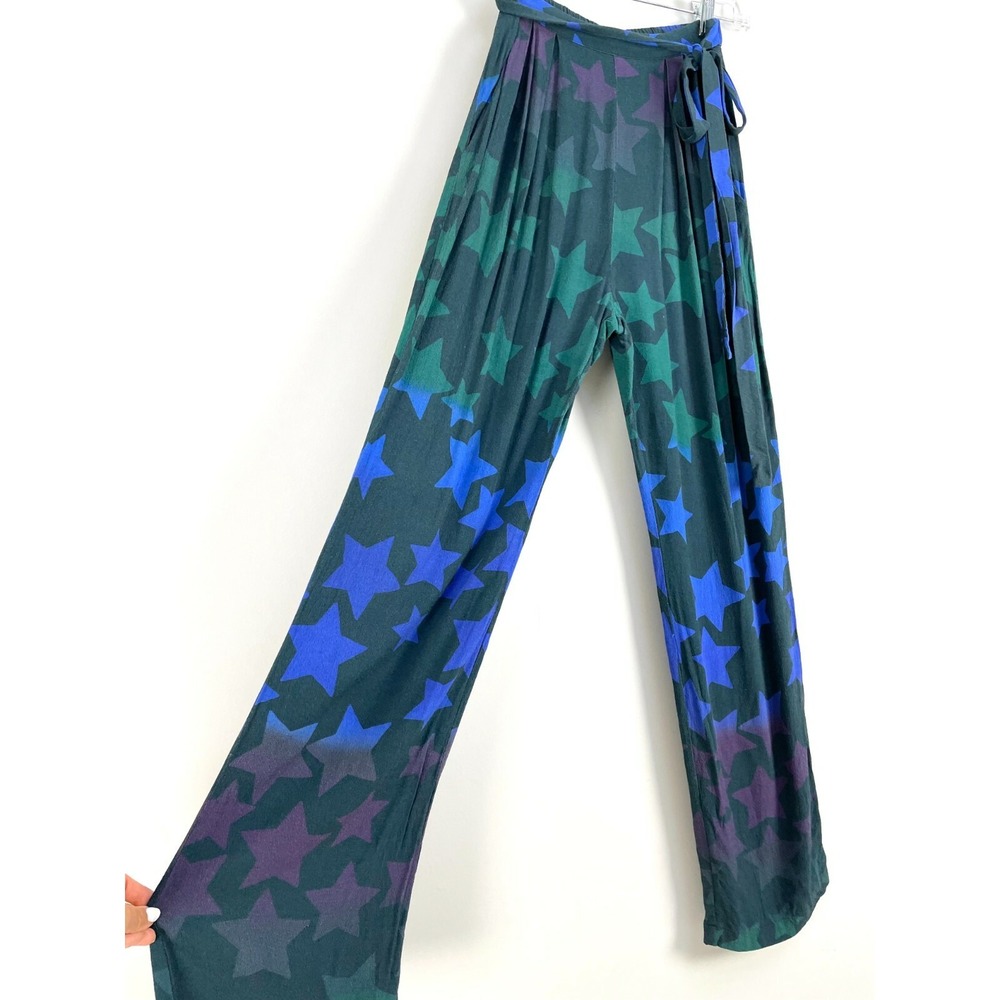 MARA HOFFMAN Size XS Pleated Wide Leg Pants Green Blue Star Print Pull On‎